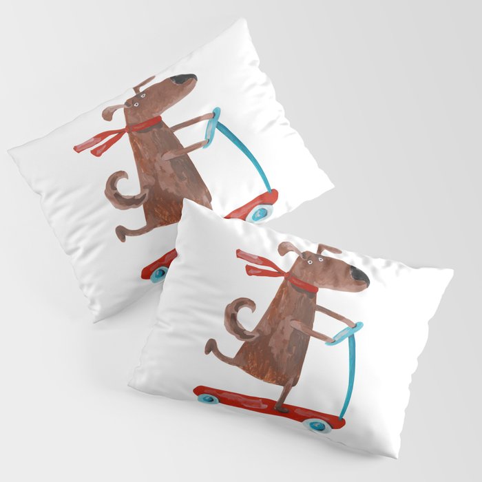 Cute dog on scooter watercolor acrylic hand painted illustration Pillow Sham