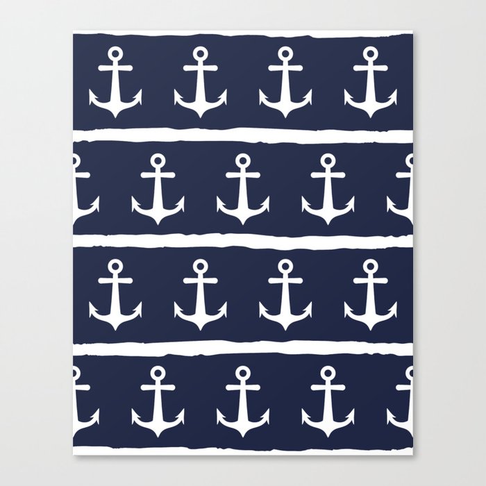 Nautical Navy Blue White Anchors Stripes Canvas Print