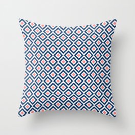Navy Blue and Coral Diamond Ikat Pattern Throw Pillow