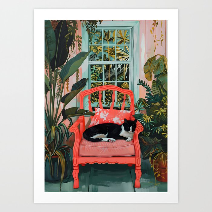 Cosy Contrast: Feline Rest on Crimson Throne Art Print