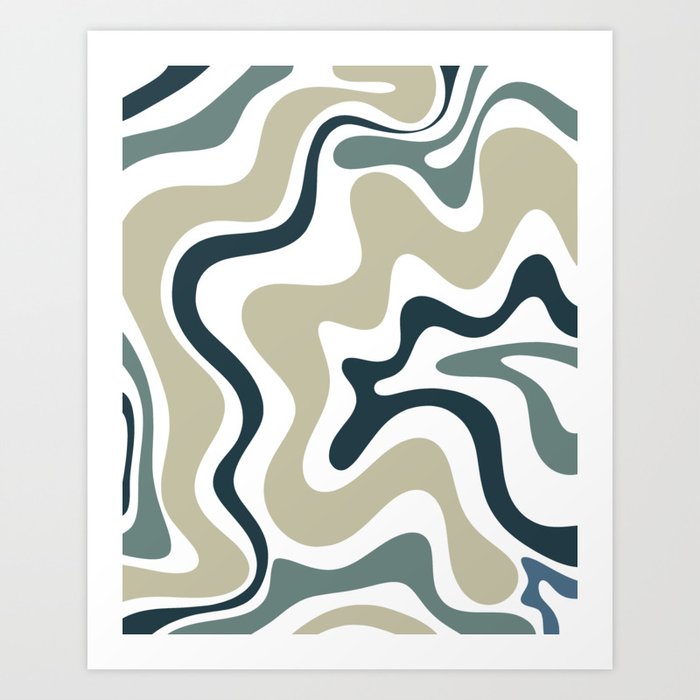 Retro Liquid Swirl Abstract Pattern Blue-Gray Greige White Art Print