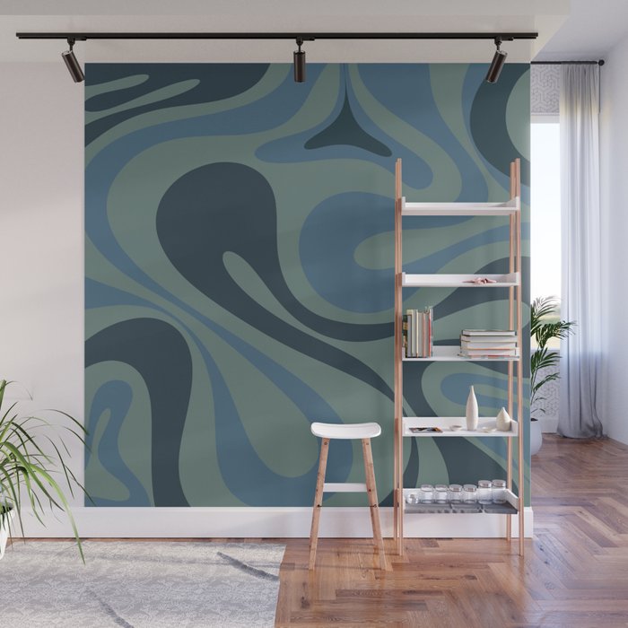 Mod Swirl Retro Abstract Pattern in Vintage Blue Wall Mural