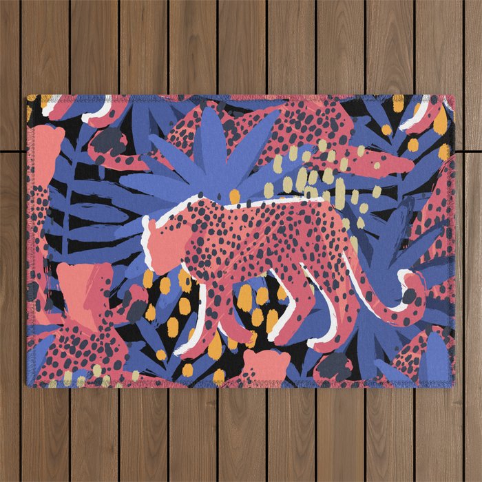 Vector graphic cheetah surrounded by exotic plants Outdoor Rug