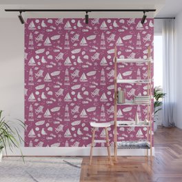 Magenta And White Summer Beach Elements Pattern Wall Mural