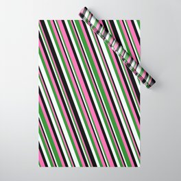 [ Thumbnail: Hot Pink, Forest Green, Mint Cream & Black Colored Stripes Pattern Wrapping Paper ]