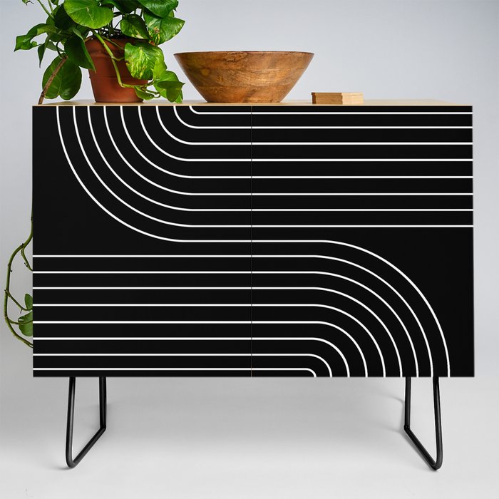 Minimal Line Curvature II Black and White Mid Century Modern Arch Abstract Credenza