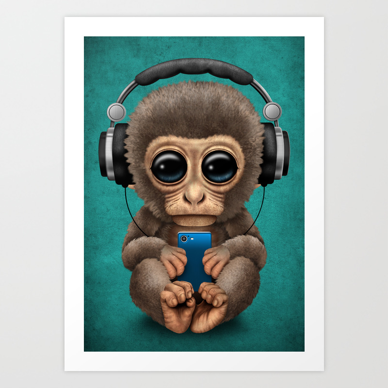 Cute Baby Monkey With Cell Phone Wearing Headphones Blue Art Print By Jeffbartels Society6