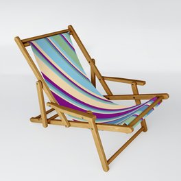 [ Thumbnail: Eyecatching Blue, Dark Sea Green, Sky Blue, Beige, and Purple Colored Lines Pattern Sling Chair ]