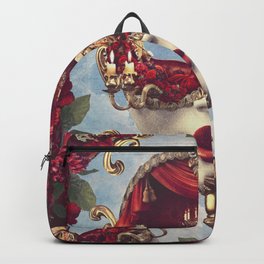 Floral Decadence - Red & Gold Venetian Mask Backpack | Flowers, Surreal, Romance, Roses, Mask, Collage, Candles, Kaleidoscope, Mardigras, Celebration 