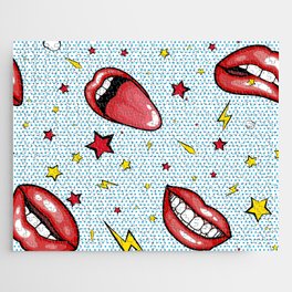 Seamless pattern cartoon comic super speech bubble labels with text, sexy open red lips with teeth, retro pop art illustration, halftone dot vintage effect background Jigsaw Puzzle