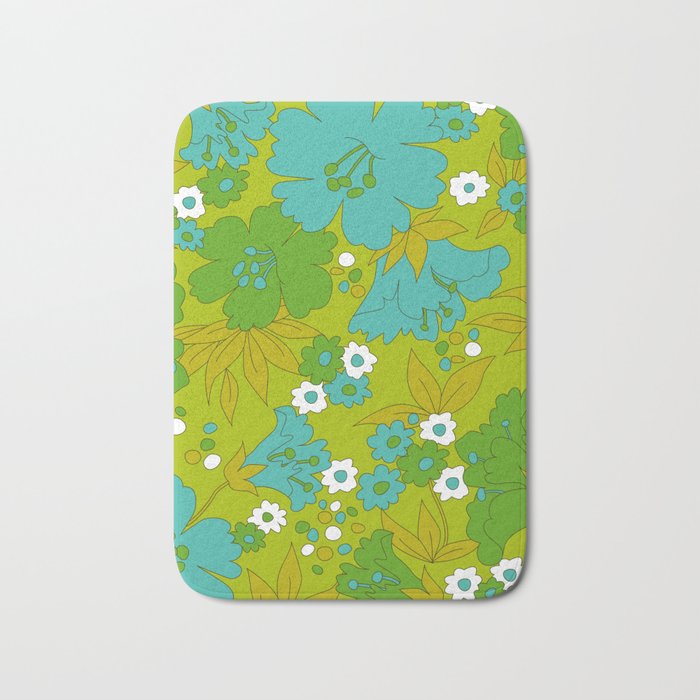 Green, Turquoise, and White Retro Flower Design Pattern Bath Mat