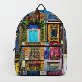 Behind Every Door (Is A Home), Collage Painting of Colorful World Doors by Jeanpaul Ferro Backpack