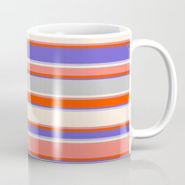 [ Thumbnail: Eye-catching Slate Blue, Grey, Beige, Salmon, and Red Colored Striped Pattern Coffee Mug ]