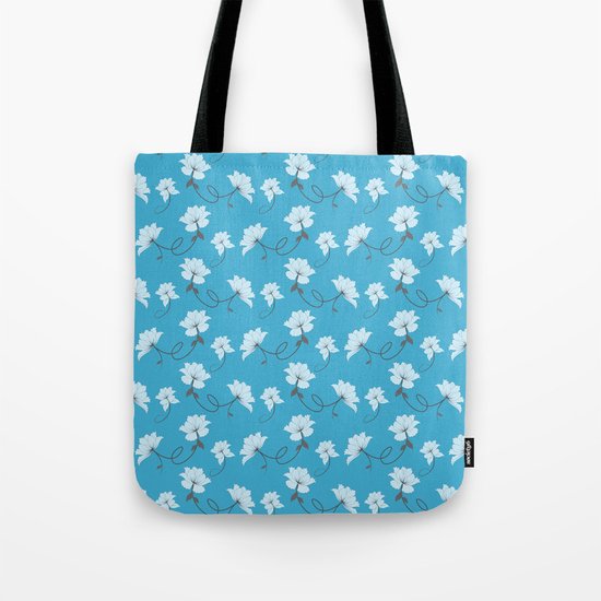 White Flowers on Blue background, floral pattern Tote Bag