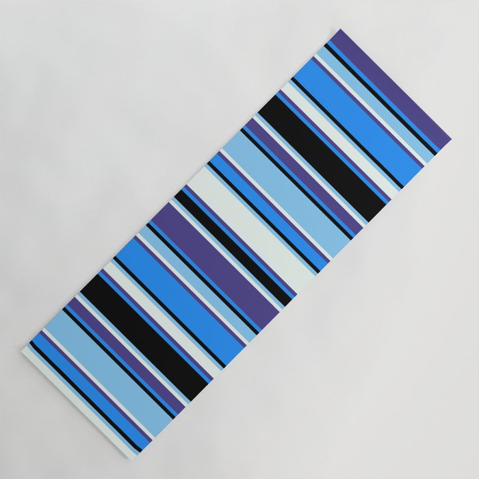 Vibrant Light Sky Blue, Mint Cream, Dark Slate Blue, Blue & Black Colored Lines Pattern Yoga Mat