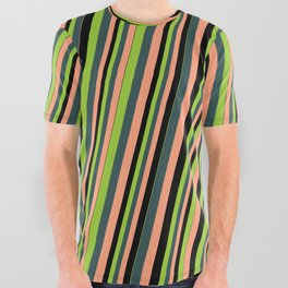 [ Thumbnail: Green, Dark Slate Gray, Light Salmon & Black Colored Stripes Pattern All Over Graphic Tee ]