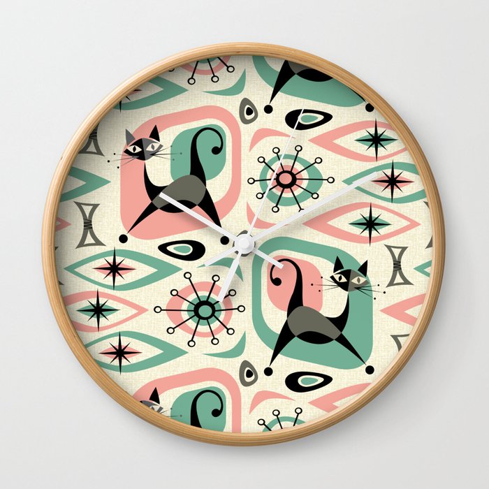 Mid Century Cat Abstract - Pink Aqua Wall Clock