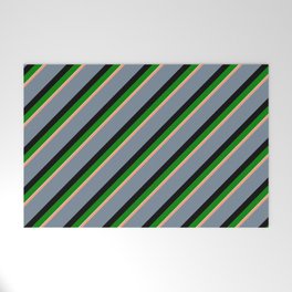 [ Thumbnail: Light Salmon, Light Slate Gray, Black, Green, and Light Cyan Colored Stripes/Lines Pattern Welcome Mat ]