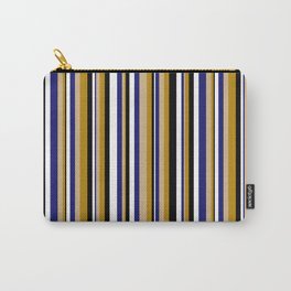 [ Thumbnail: Tan, Dark Goldenrod, Black, White & Midnight Blue Colored Lines/Stripes Pattern Carry-All Pouch ]