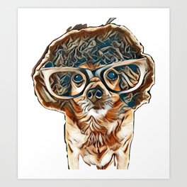 a chihuahua with an afro wig and glasses on        - Image Art Print