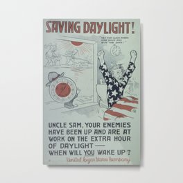 Vintage poster - Saving Daylight! Metal Print | Fun, Painting, Oil, Vintage, Cool, Hip, Clock, Retro, Airplanes, Daylightsavings 