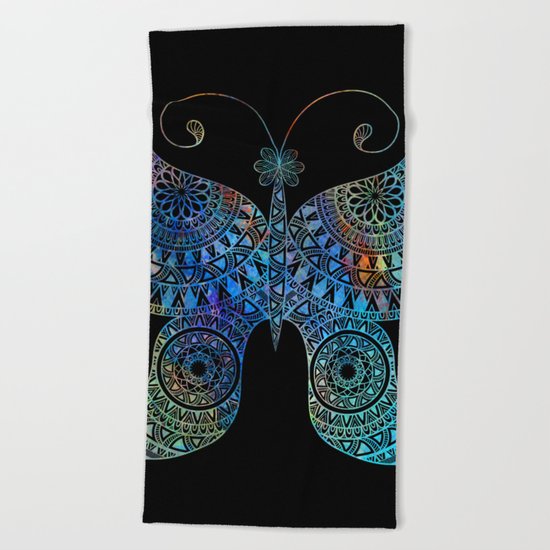 Drawn Butterfly on Black Beach Towel