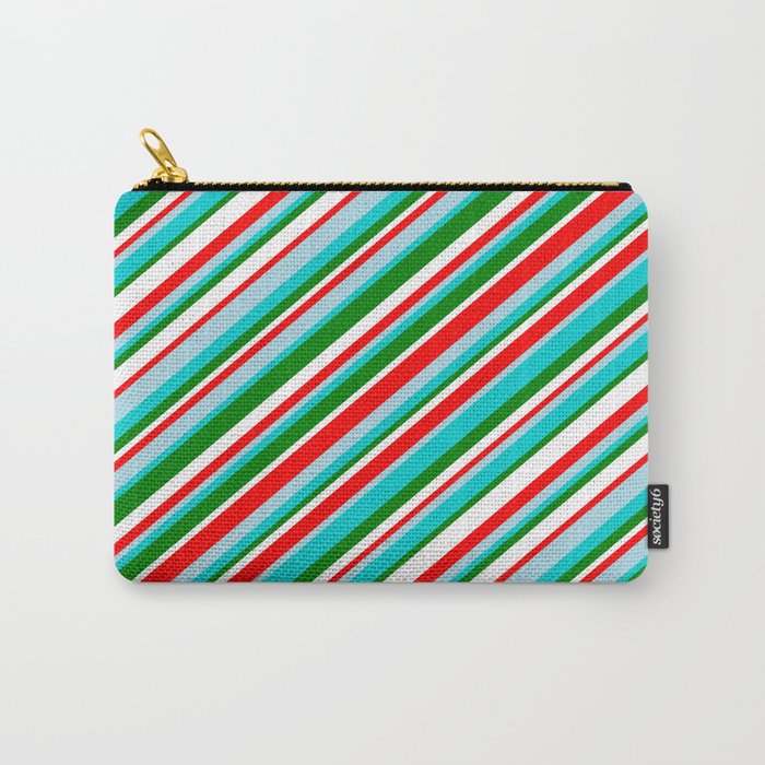 Vibrant Red, Light Blue, Dark Turquoise, Green & White Colored Striped Pattern Carry-All Pouch