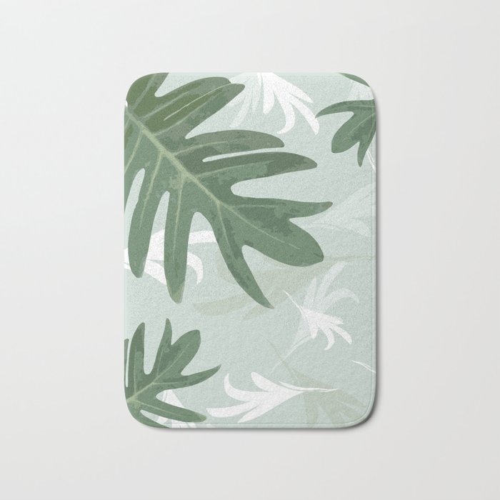 Trio Palm leaves.  greenwhite Bath Mat