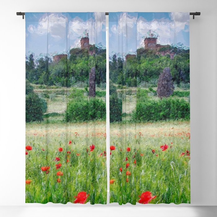 Italian Villa atop the Hill amid fields of Red Poppy, Tuscany, Italan landscape painting Blackout Curtain