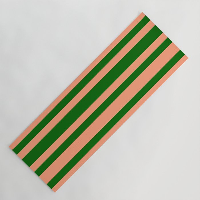 Dark Green & Light Salmon Colored Striped/Lined Pattern Yoga Mat