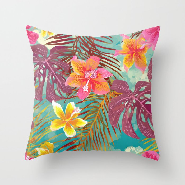 Tropical Hibiscus pattern on blue Throw Pillow