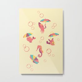 A Chance of Rain - Coral & Cream Metal Print | Cute, Umbrella, Water, Graphicdesign, Yellow, Absurd, Sealife, Narwhal, Cream, Marine 