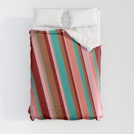 [ Thumbnail: Eye-catching Sienna, Light Sea Green, Salmon, Light Pink, and Maroon Colored Striped Pattern Duvet Cover ]