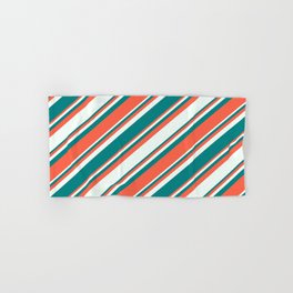 [ Thumbnail: Red, Mint Cream & Teal Colored Lines Pattern Hand & Bath Towel ]