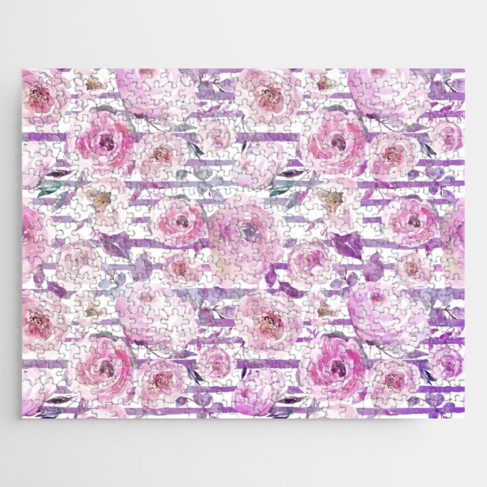 Geometric watercolor pink purple lavender white lilac floral Jigsaw Puzzle