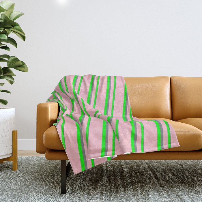 Pink, Lime & Grey Colored Lined Pattern Throw Blanket