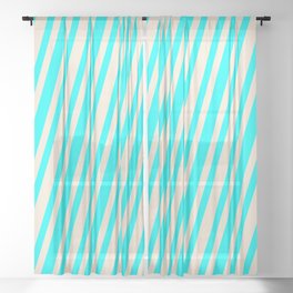 [ Thumbnail: Aqua and Beige Colored Lined/Striped Pattern Sheer Curtain ]