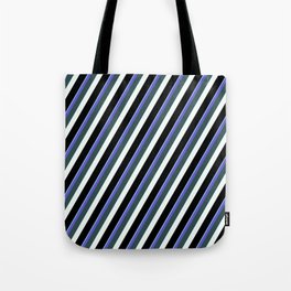 [ Thumbnail: Vibrant Light Sky Blue, Slate Blue, Dark Slate Gray, Mint Cream & Black Colored Lined Pattern Tote Bag ]