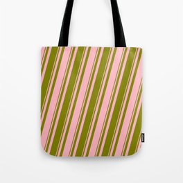 [ Thumbnail: Green and Light Pink Colored Striped Pattern Tote Bag ]