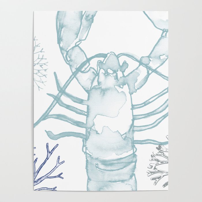 Lobster and Coral, Watercolor in Pale Blues Poster