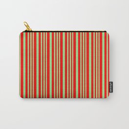 [ Thumbnail: Light Green & Red Colored Striped Pattern Carry-All Pouch ]