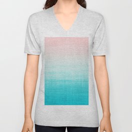 Grunge Pastel Millennial Pink Aqua Blue Teal Mint Linen Pattern Ombre Gradient Texture V Neck T Shirt