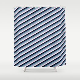 [ Thumbnail: Eye-catching Dark Slate Blue, Aquamarine, Plum, Light Cyan & Black Colored Striped Pattern Shower Curtain ]