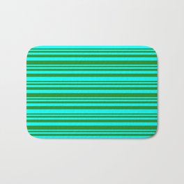 [ Thumbnail: Forest Green & Cyan Colored Striped Pattern Bath Mat ]