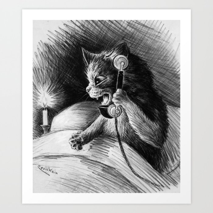 Louis Wain Cats-Funny Cat on Telephone Art Print by Digital Effects