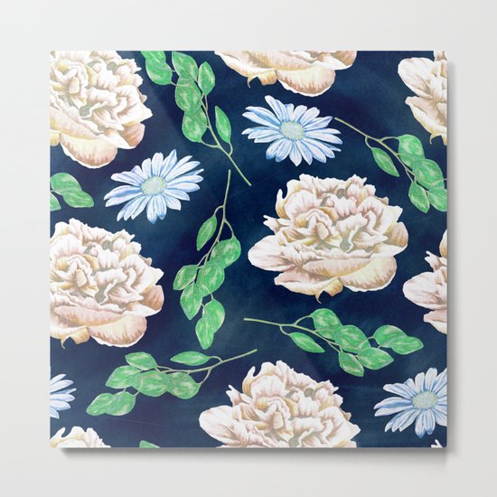 Rose Garden Navy Blue Antique Floral Pattern Metal Print