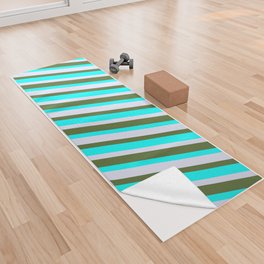 [ Thumbnail: Lavender, Dark Olive Green, and Cyan Colored Lines Pattern Yoga Towel ]