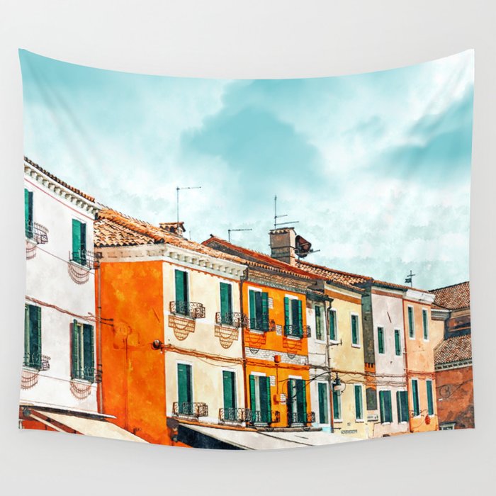 Burano Island | Colorful Patel Architecture Building | Watercolor Travel Painting Wall Tapestry