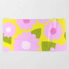 Cheerful Summer Pink Flowers On Bright Yellow Beach Towel