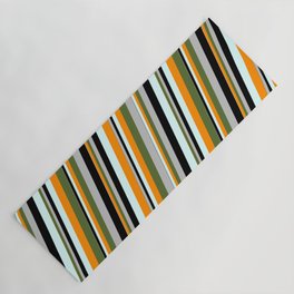 [ Thumbnail: Light Cyan, Dark Orange, Dark Olive Green, Grey, and Black Colored Striped Pattern Yoga Mat ]